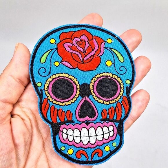Blue red and pink sugar skulls iron on patch dia de los muertos diy wearable art - Picture 2 of 3